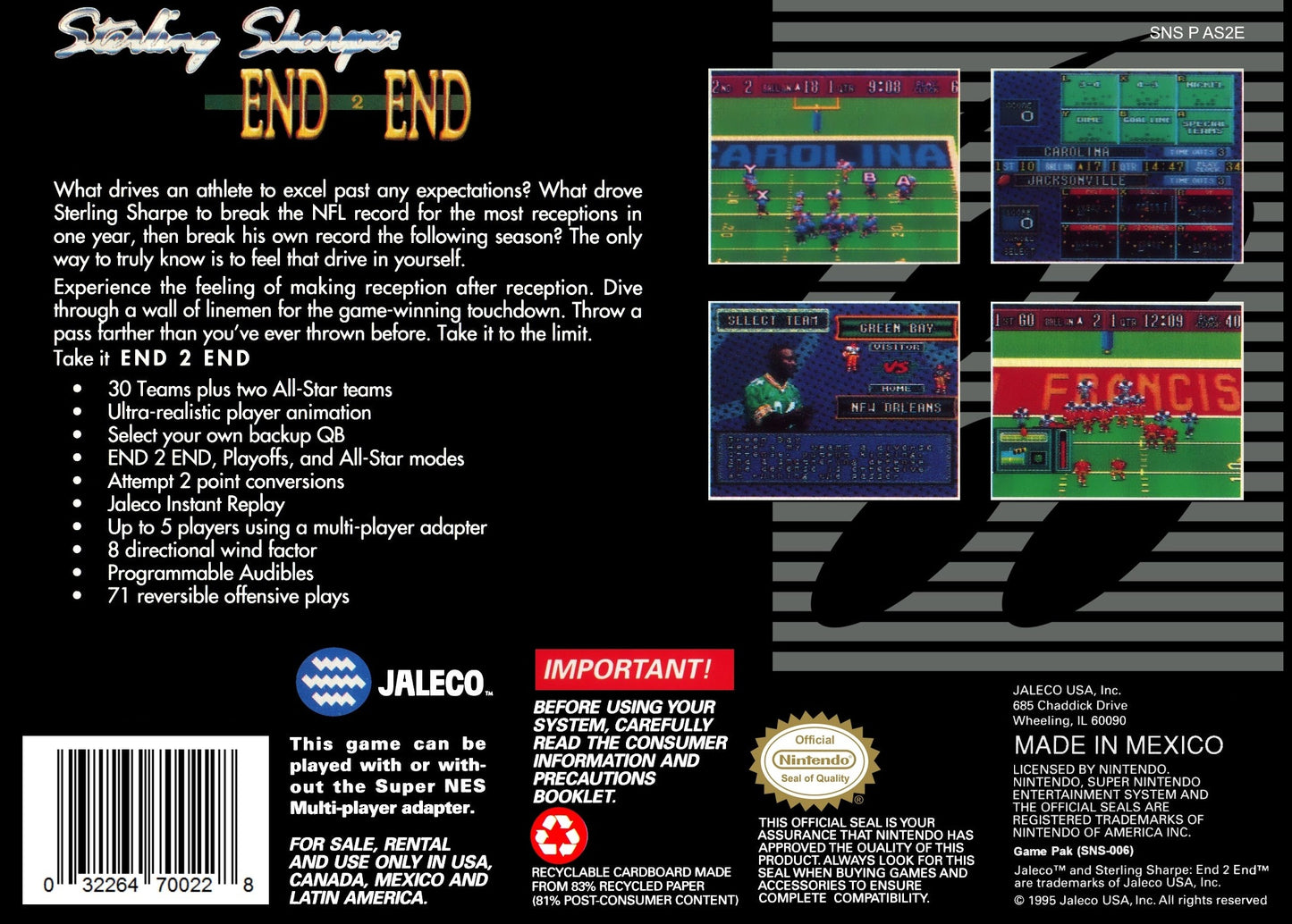 Sterling Sharpe: End 2 End Super Nintendo